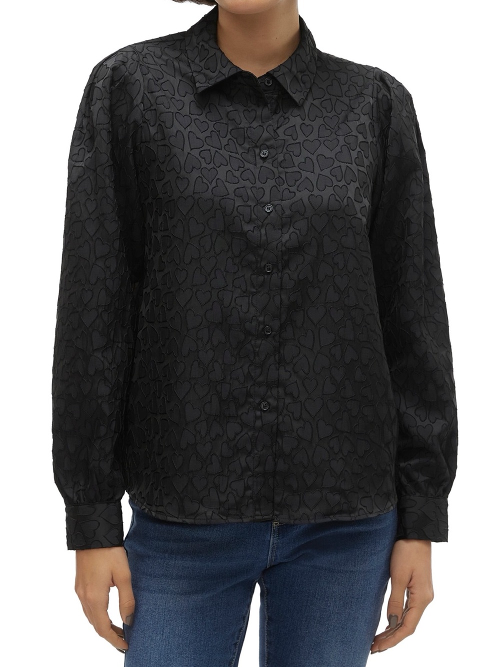 Vero Moda Black Heart-Print Long Sleeve Blouse | Size Small